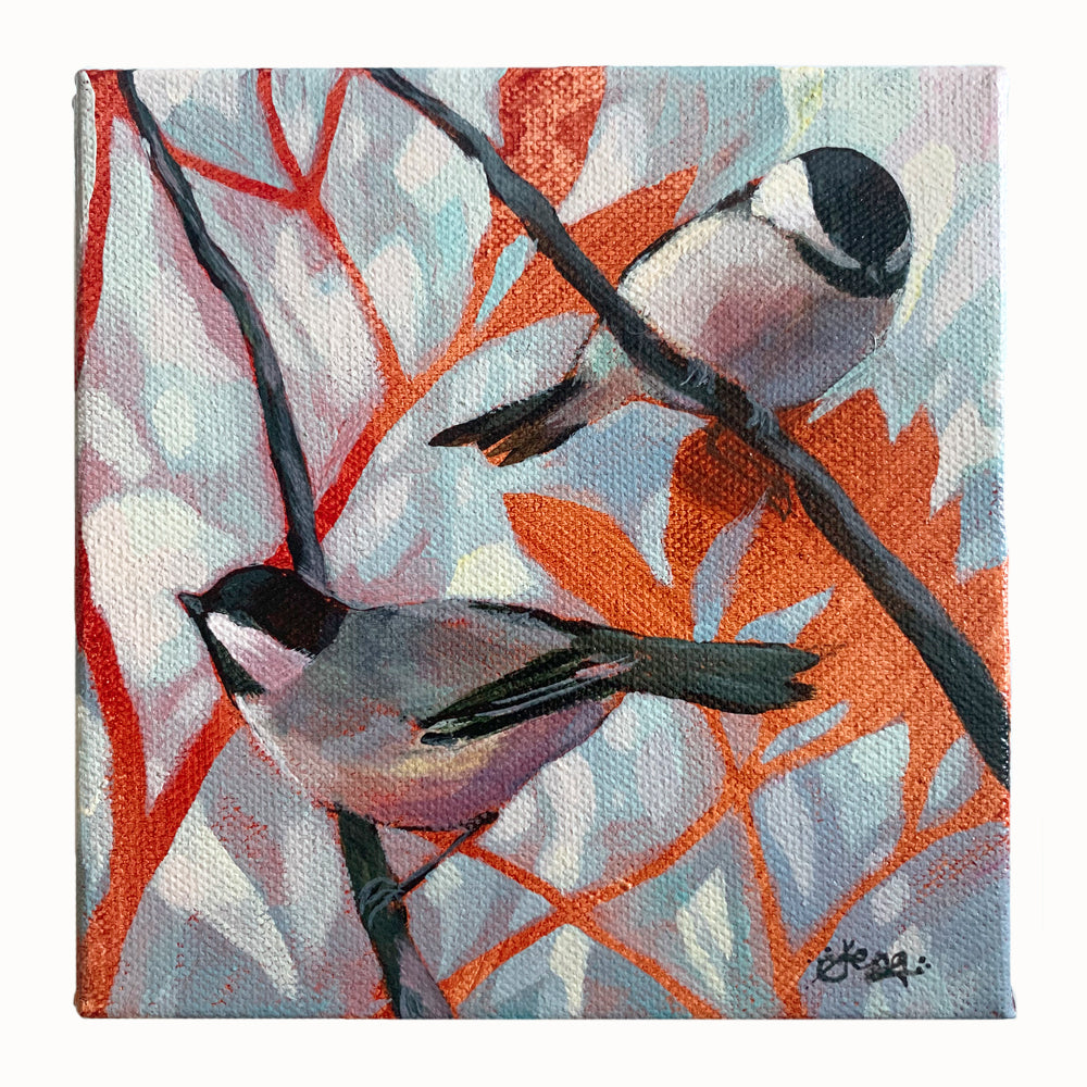 Small painting of two black capped chickadees among orange foliage by Western NC artist Hannah Seng.