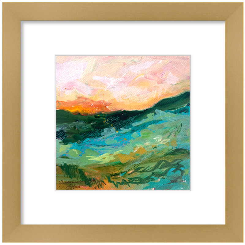 "Blue Ridge Landscape 1" colorful , abstracted landscape painting by Hannah Seng, acrylic on paper, matted with a warm, satin gold frame and premium acrylic glass.
