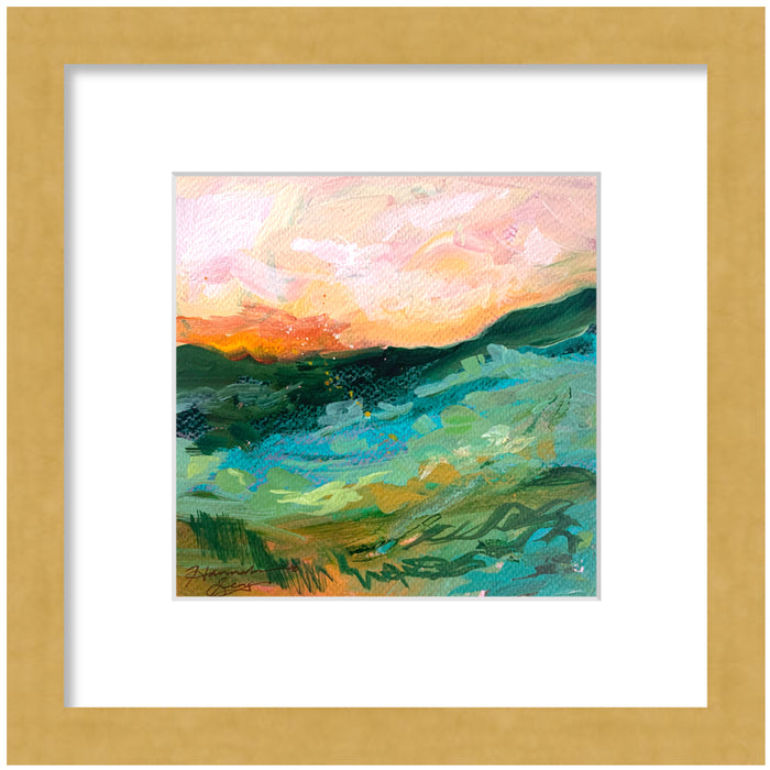 "Blue Ridge Landscape 1" colorful , abstracted landscape painting by Hannah Seng, acrylic on paper, matted with a gold frame.