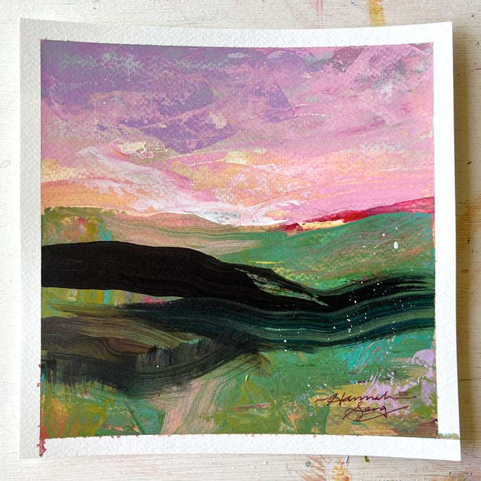 "Blue Ridge Landscape 2" colorful abstracted landscape painting by Hannah Seng, acrylic on paper.