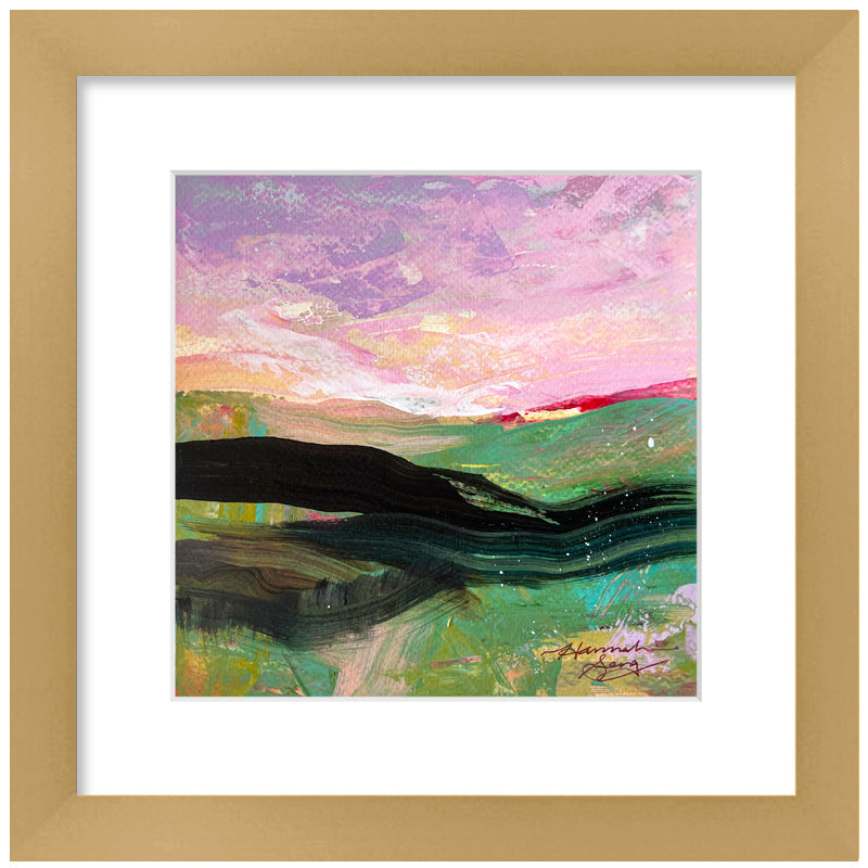 "Blue Ridge Landscape 2" colorful landscape painting by Hannah Seng, acrylic on paper, matted with a warm, satin gold frame and premium acrylic glass.