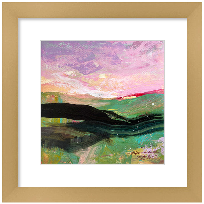 "Blue Ridge Landscape 2" colorful landscape painting by Hannah Seng, acrylic on paper, matted with a warm, satin gold frame and premium acrylic glass.