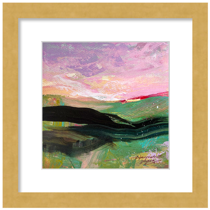 "Blue Ridge Landscape 2" colorful landscape painting by Hannah Seng, acrylic on paper, matted with a gold frame.