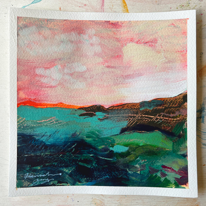 "Blue Ridge Landscape 4" colorful, abstracted landscape painting by Hannah Seng, acrylic on paper.