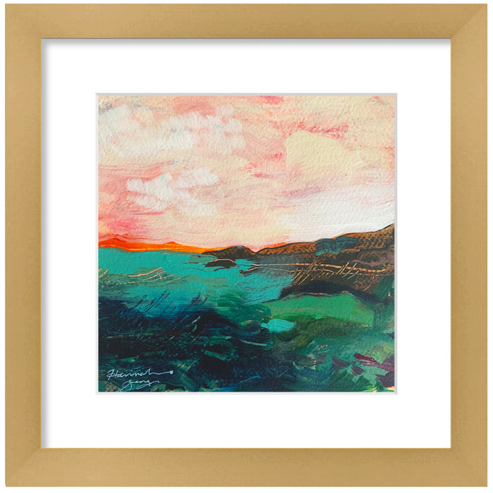 "Blue Ridge Landscape 4" colorful, abstracted landscape painting by Hannah Seng, acrylic on paper, matted with a warm, satin gold frame with premium acrylic glass.