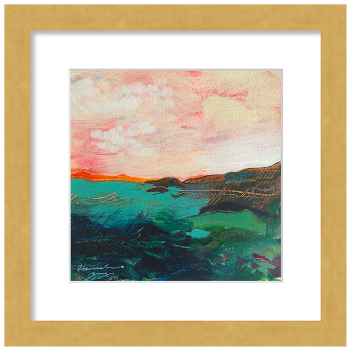 "Blue Ridge Landscape 4" colorful, abstracted landscape painting by Hannah Seng, acrylic on paper, matted with a gold frame.