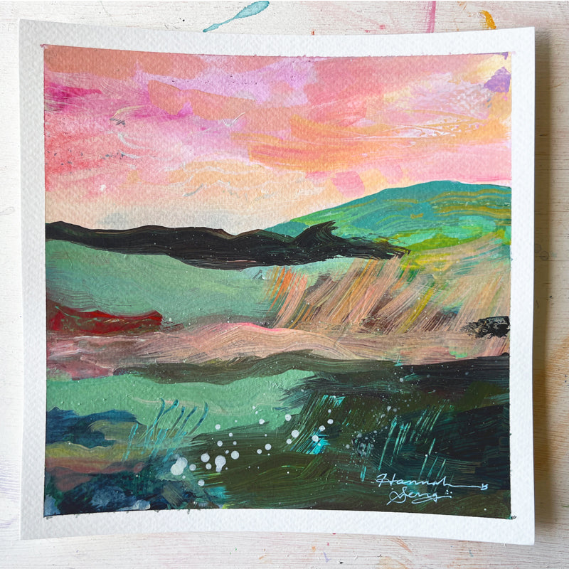 "Blue Ridge Landscape 5" colorful, abstracted landscape painting by Hannah Seng, acrylic on paper.