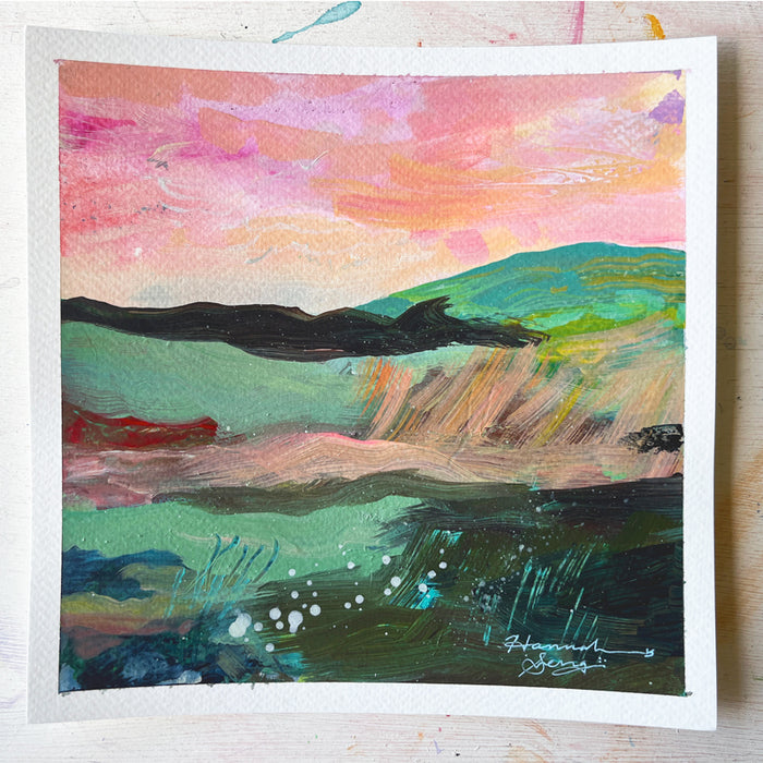 "Blue Ridge Landscape 5" colorful, abstracted landscape painting by Hannah Seng, acrylic on paper.