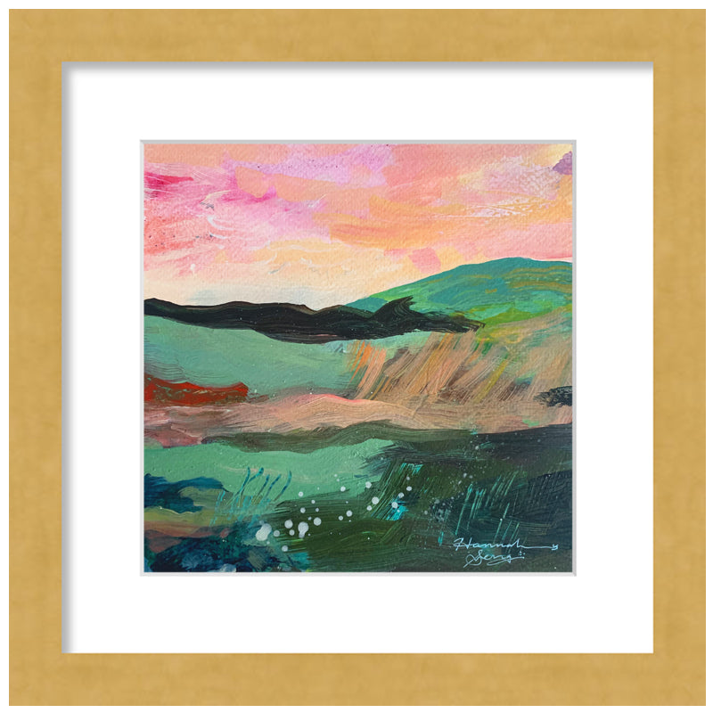 "Blue Ridge Landscape 5" colorful, abstracted landscape painting by Hannah Seng, acrylic on paper, matted with a gold frame.