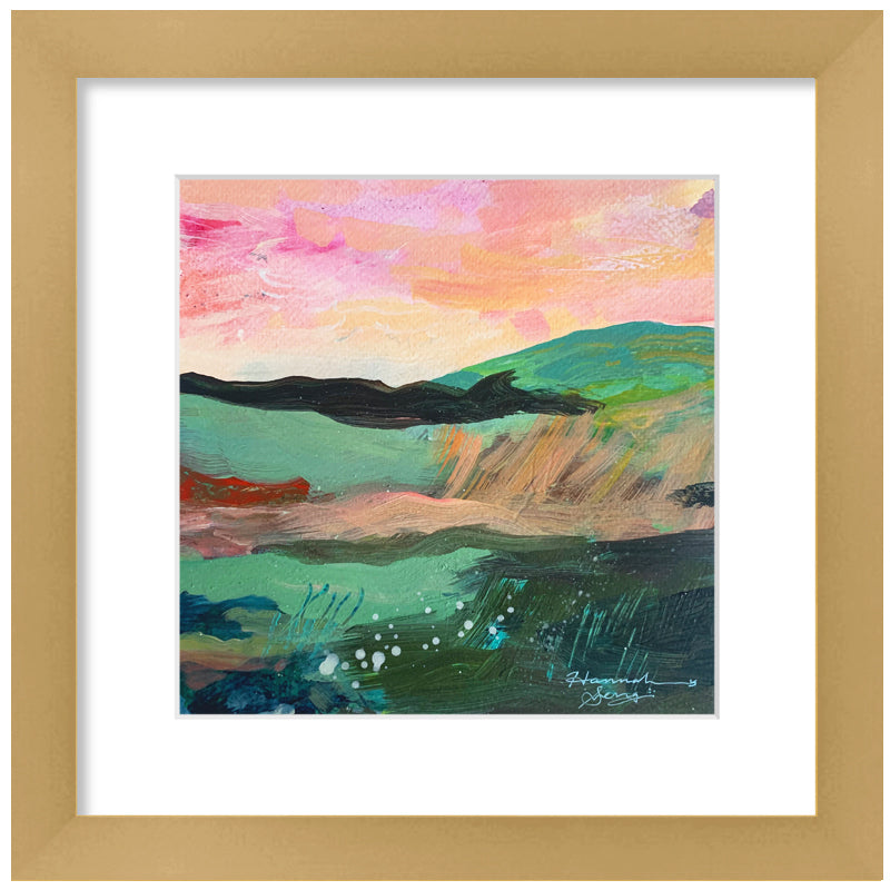 "Blue Ridge Landscape 5" colorful, abstracted landscape painting by Hannah Seng, acrylic on paper, matted with a warm, satin gold frame and premium acrylic glass.