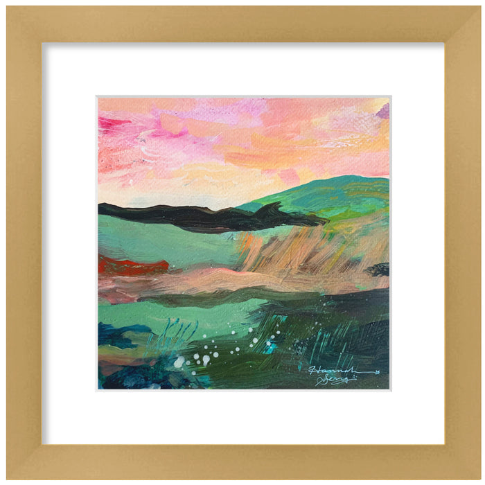 "Blue Ridge Landscape 5" colorful, abstracted landscape painting by Hannah Seng, acrylic on paper, matted with a warm, satin gold frame and premium acrylic glass.