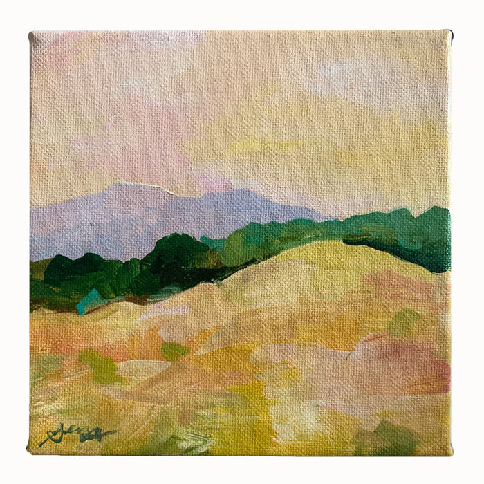 Blue Ridge Morning 1, small mountain landscape painting in purple, green and golden yellows by Western NC based artist Hannah Seng. 