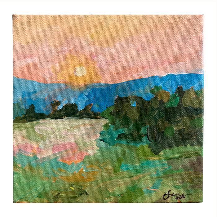 Blue Ridge Morning 3, small mountain landscape painting in vibrant colors by Western NC based artist Hannah Seng. 