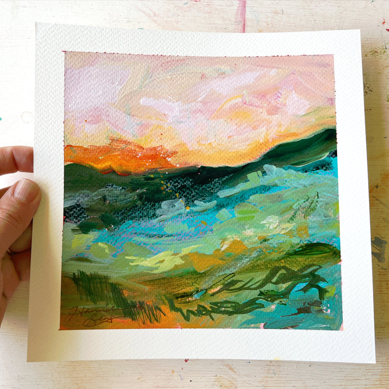 "Blue Ridge Landscape 1" colorful, abstracted landscape painting by Hannah Seng, acrylic on paper.