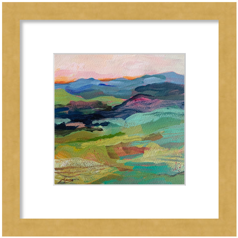 "Blue Ridge Landscape 3" colorful, abstracted landscape painting by Hannah Seng, acrylic on paper, matted with a gold frame.