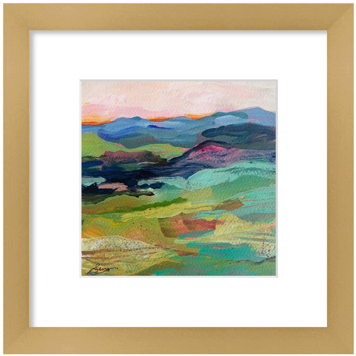 "Blue Ridge Landscape 3" colorful, abstracted landscape painting by Hannah Seng, acrylic on paper, matted with a warm, satin gold frame and premium acrylic glass.