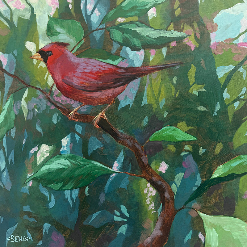 Acrylic painting of a cardinal perched on a branch, surrounded by green foliage. Artwork by Hannah Seng. 