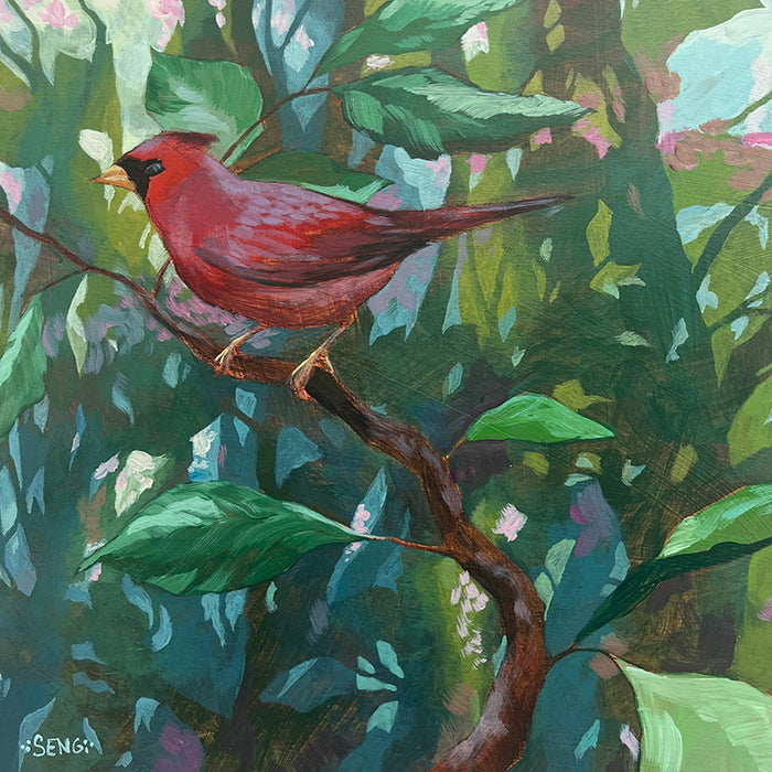 Acrylic painting of a cardinal perched on a branch, surrounded by green foliage. Artwork by Hannah Seng. 