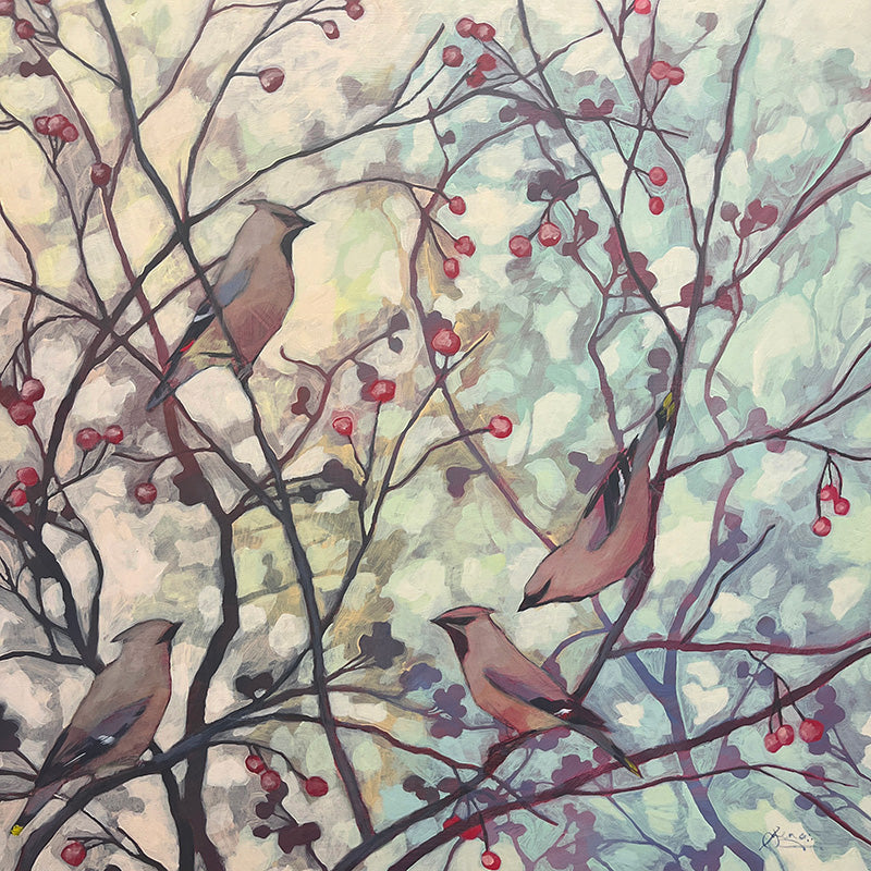 Hannah Seng's Cedar Waxwings painting, four cedar waxwing birds perched on branches with soft foliage and red berries.