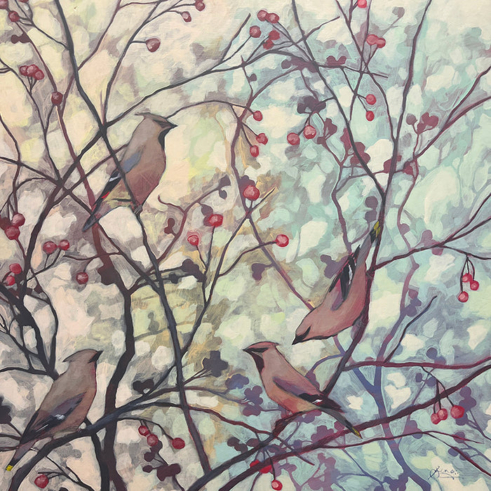 Hannah Seng's Cedar Waxwings painting, four cedar waxwing birds perched on branches with soft foliage and red berries.
