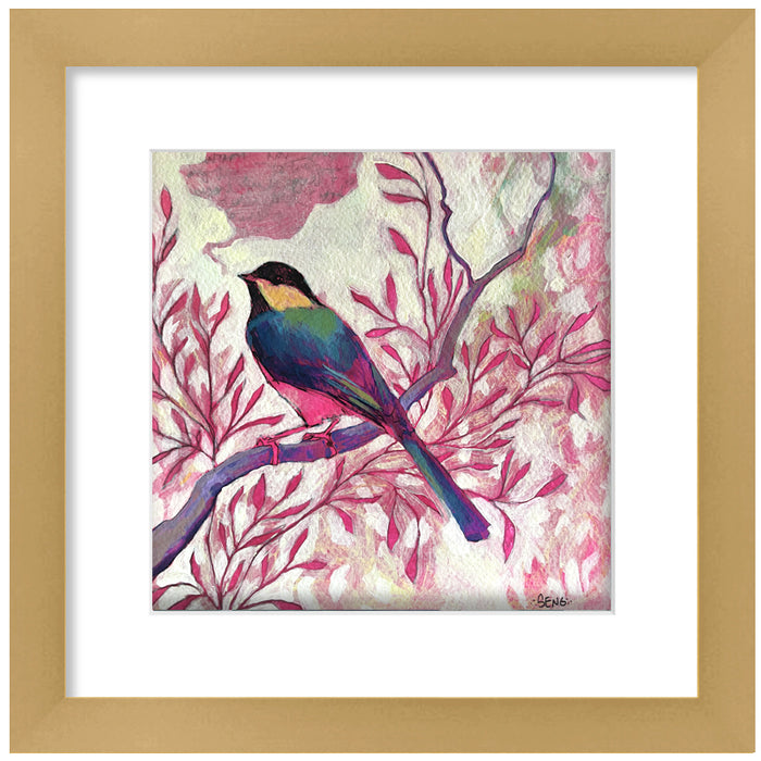 Acrylic on paper painting by Hannah Seng. A multicolor chickadee perched on a branch, surrounded by pink foliage. Matted and set in a satin gold frame. 