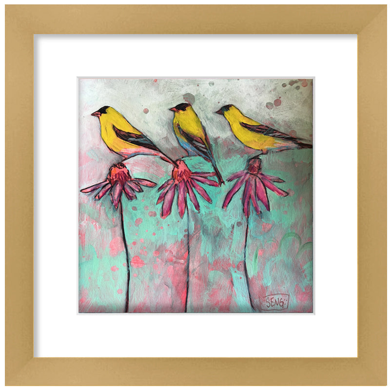 Acrylic on paper painting by Hannah Seng. Three goldfinches perched on three pink coneflowers, matted and set in satin gold frame. 