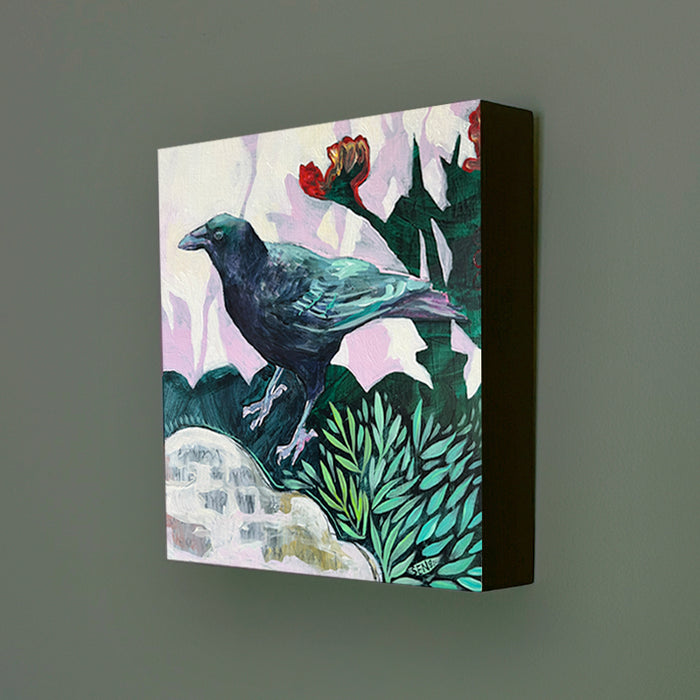 Hannah Seng's Crow Among the Tulips, illustrative painting of a crow perched the ground with red tulips in the background. Side view on green wall.