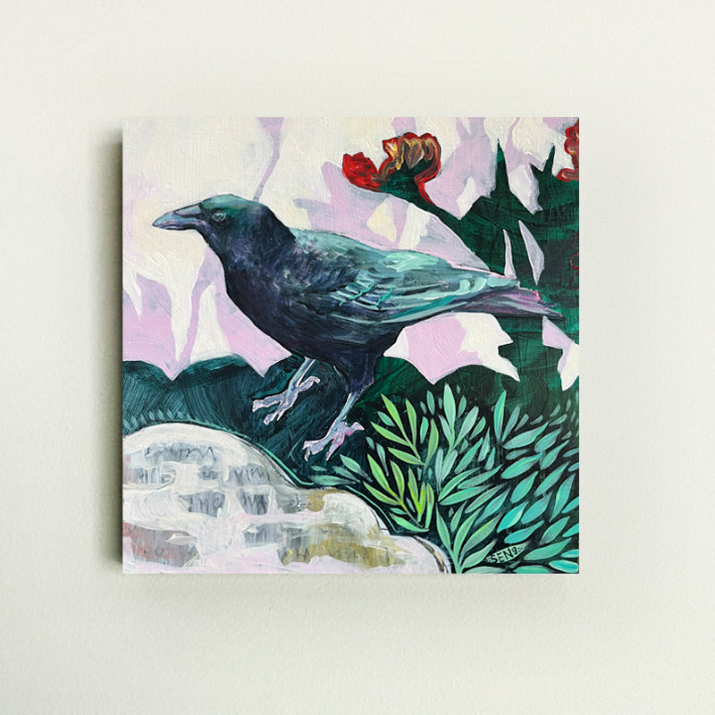 Hannah Seng's Crow Among the Tulips, illustrative painting of a crow perched the ground with red tulips in the background. Shown on white wall. 