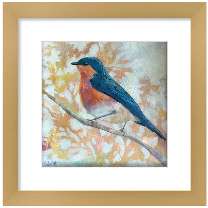 Acrylic painting on paper by Hannah Seng. Eastern bluebird perched on a branch, with orange and yellow foliage. Matted and framed in a satin gold frame. 