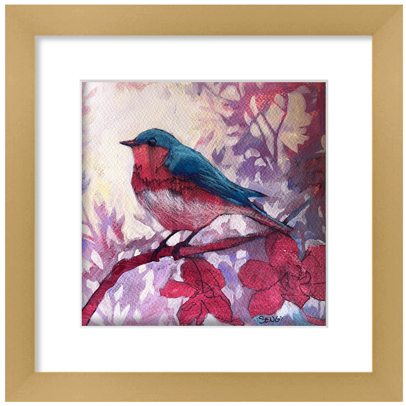 Acrylic painting on paper by Hannah Seng. Brightly colored eastern bluebird perched on a branch, surrounded by bright pink flowers and purple foliage. Matted and framed in a satin gold frame. 