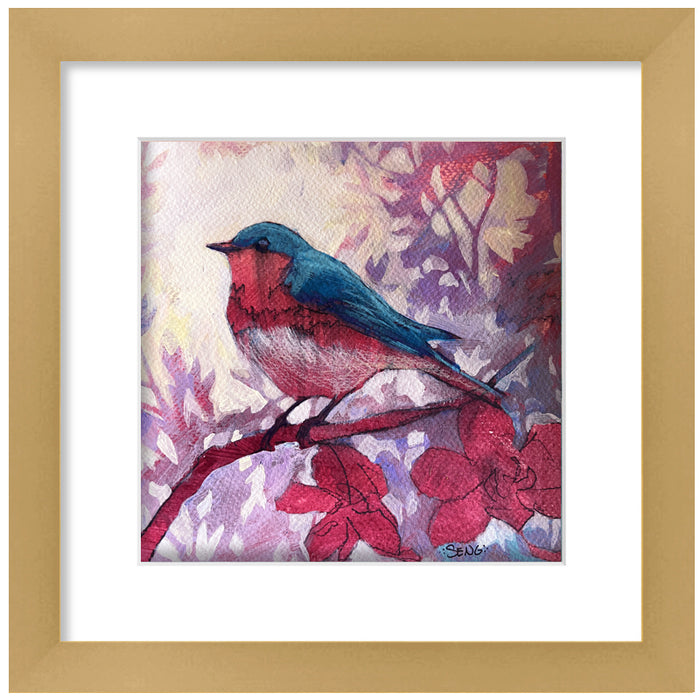 Acrylic painting on paper by Hannah Seng. Brightly colored eastern bluebird perched on a branch, surrounded by bright pink flowers and purple foliage. Matted and framed in a satin gold frame. 