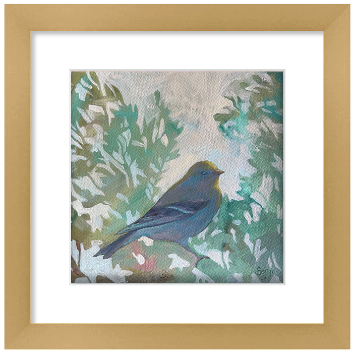 Acrylic painting on paper by Hannah Seng. A goldfinch, perched in the shadows on a branch, with light green foliage. Matted and framed in a satin gold frame. 