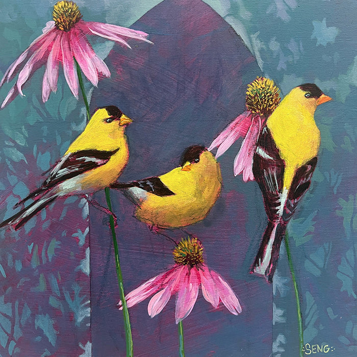 Colorful acrylic painting by Hannah Seng featuring three goldfinches perched on pink coneflowers against a textured blue and purple botanical background. 