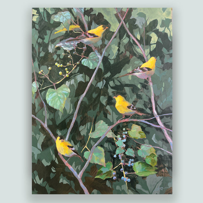 Hannah Seng's "In This Family Tree" painting, four yellow goldfinches perched among bitter vine branches with green foliage. Shown on pale blue wall.