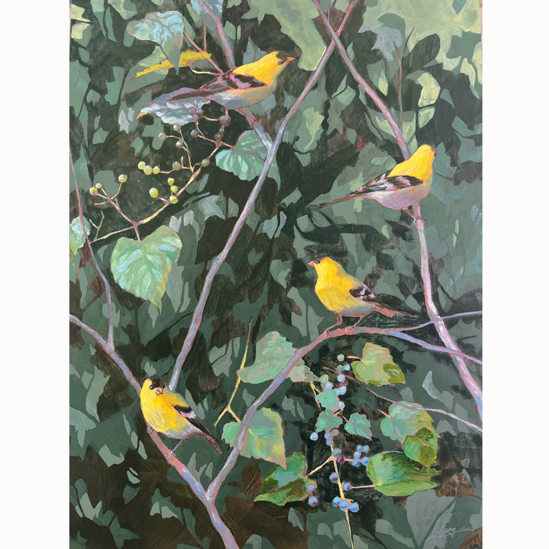 Hannah Seng's "In This Family Tree" painting, four yellow goldfinches perched among bitter vine branches with green foliage.