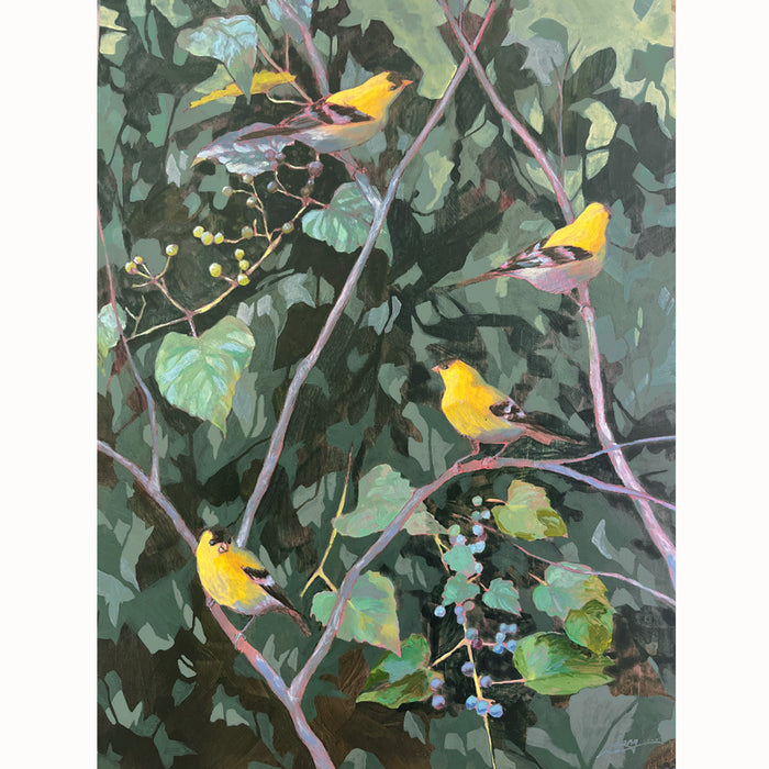 Hannah Seng's "In This Family Tree" painting, four yellow goldfinches perched among bitter vine branches with green foliage.