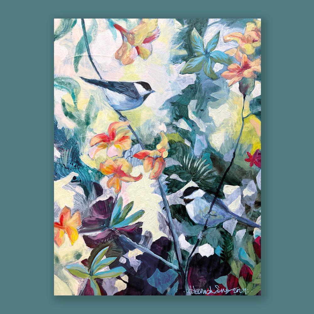 "Junglekind" by Hannah Seng, 12 x 9 x 1/5" acrylic on canvas with two black-capped chickadees among flame azalea shrubs. Artwork shown on teal blue wall.