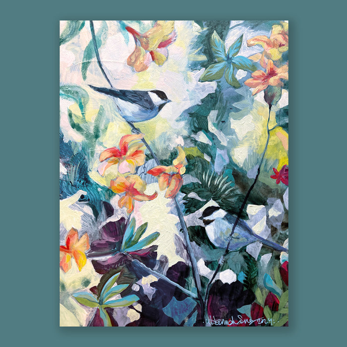 "Junglekind" by Hannah Seng, 12 x 9 x 1/5" acrylic on canvas with two black-capped chickadees among flame azalea shrubs. Artwork shown on teal blue wall.