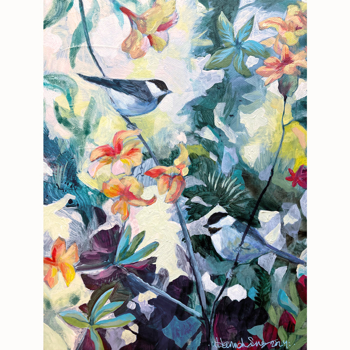 "Junglekind" by Hannah Seng, 12 x 9 x 1/5" acrylic on canvas with two black-capped chickadees among flame azalea shrubs. 