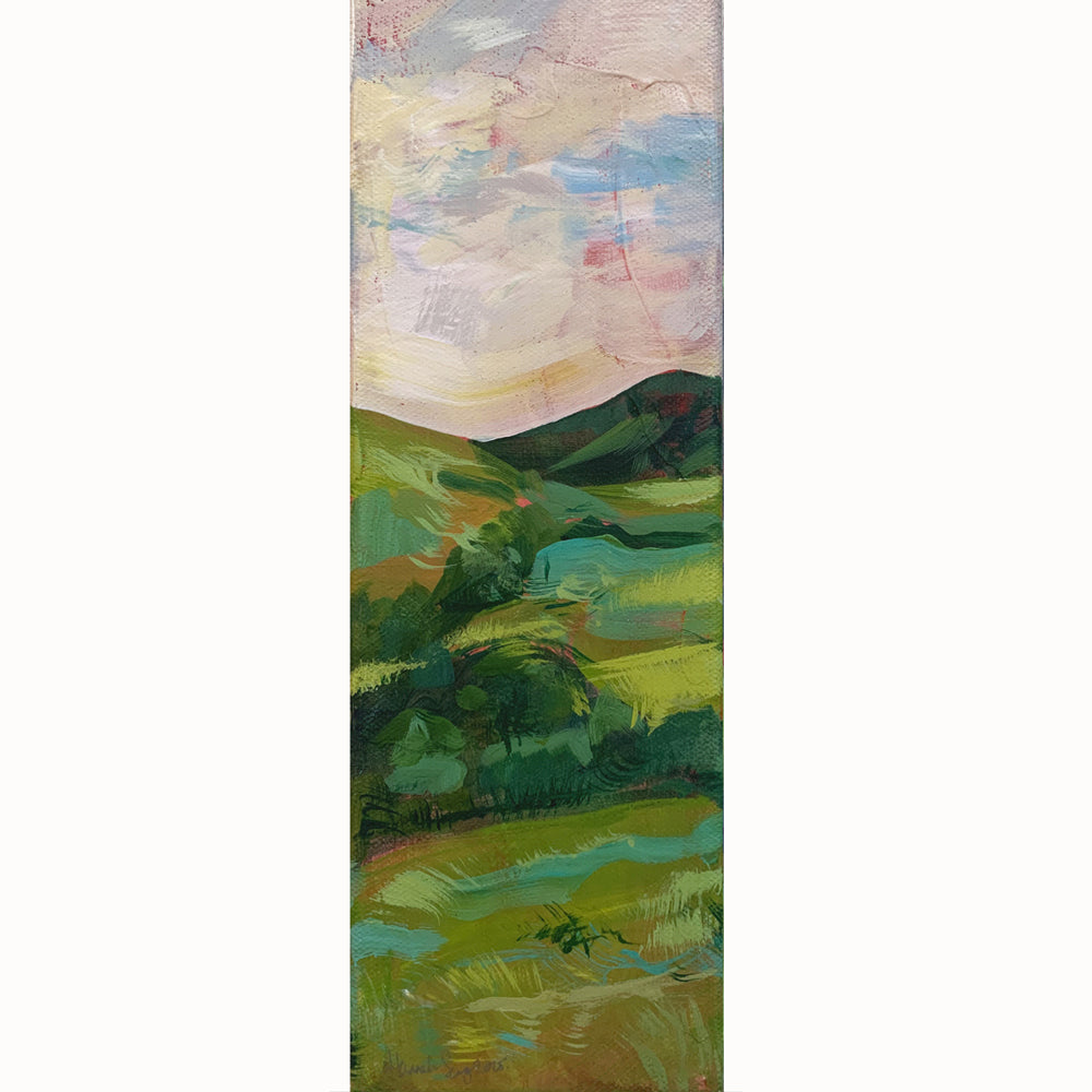 "Knockout Sunrise" by Hannah Seng, 12 x 4 x .75" acrylic on canvas, mountain landscape painting.