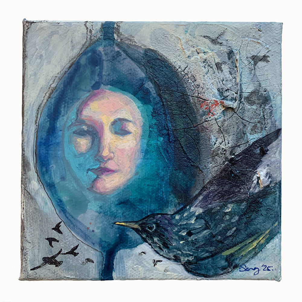 "Murmur" by Hannah Seng, 5 x 5 x 1.5" mixed media and acrylic painting on canvas with European Starling. 