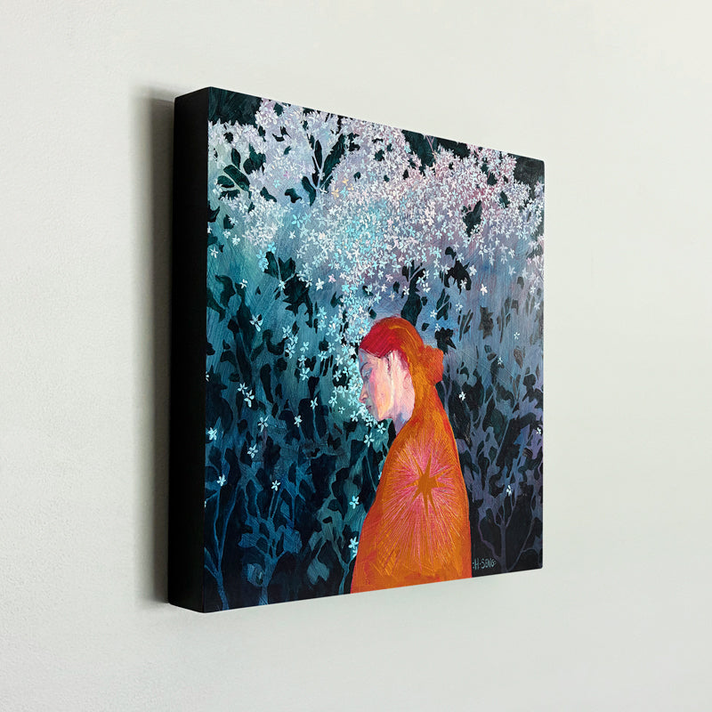 Side view of Night Blooms painting by Hannah Seng. Female figure wearing an orange garment with starburst detail, floral background in blues and purples.