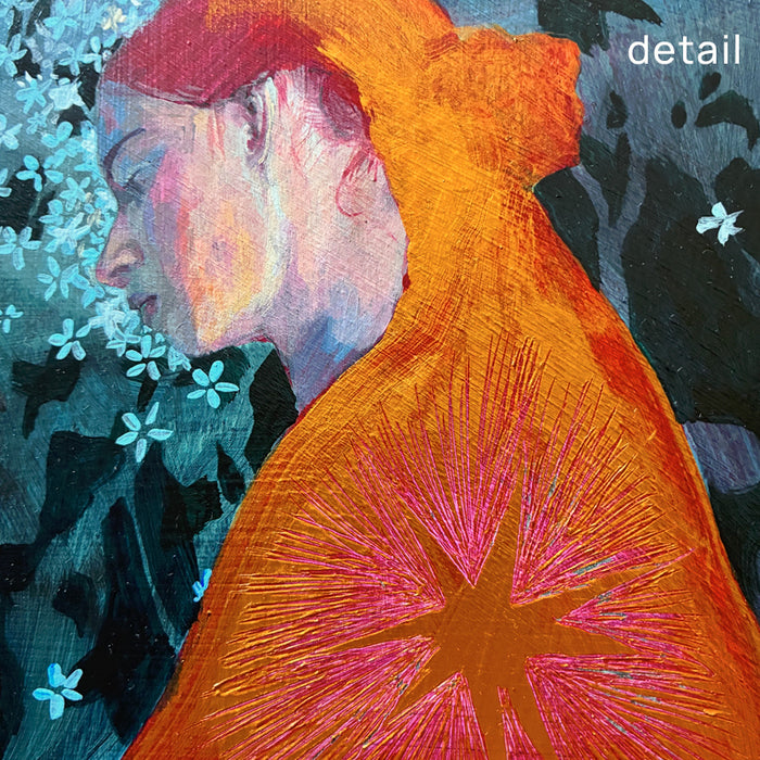 Detail of Night Blooms painting by Hannah Seng. Female figure wearing an orange garment with starburst detail, floral background in blues and purples.