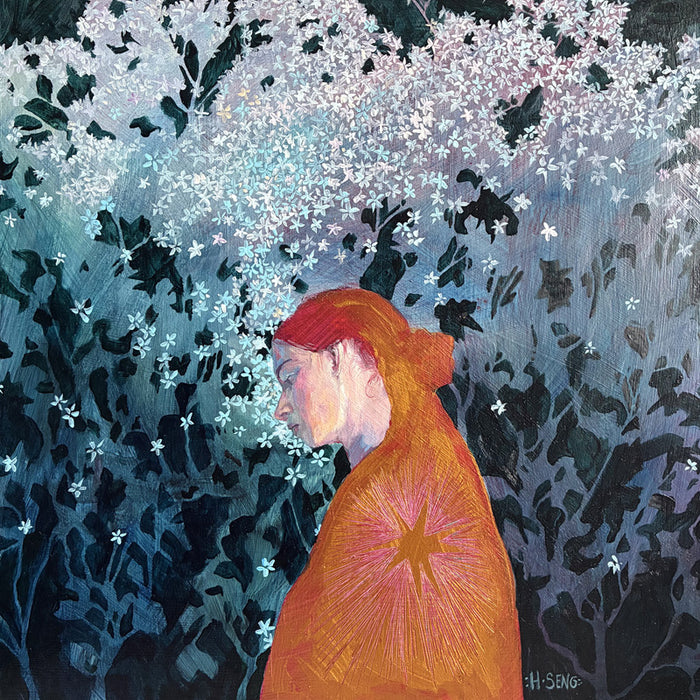Night Blooms painting by Hannah Seng. Female figure wearing an orange garment with starburst detail, floral background in blues and purples.
