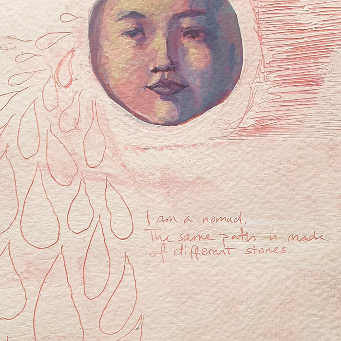 "Nomad" painting by Hannah Seng, acrylic on paper. Detail showing "I am nomad. The same path is made of different stones." quote.