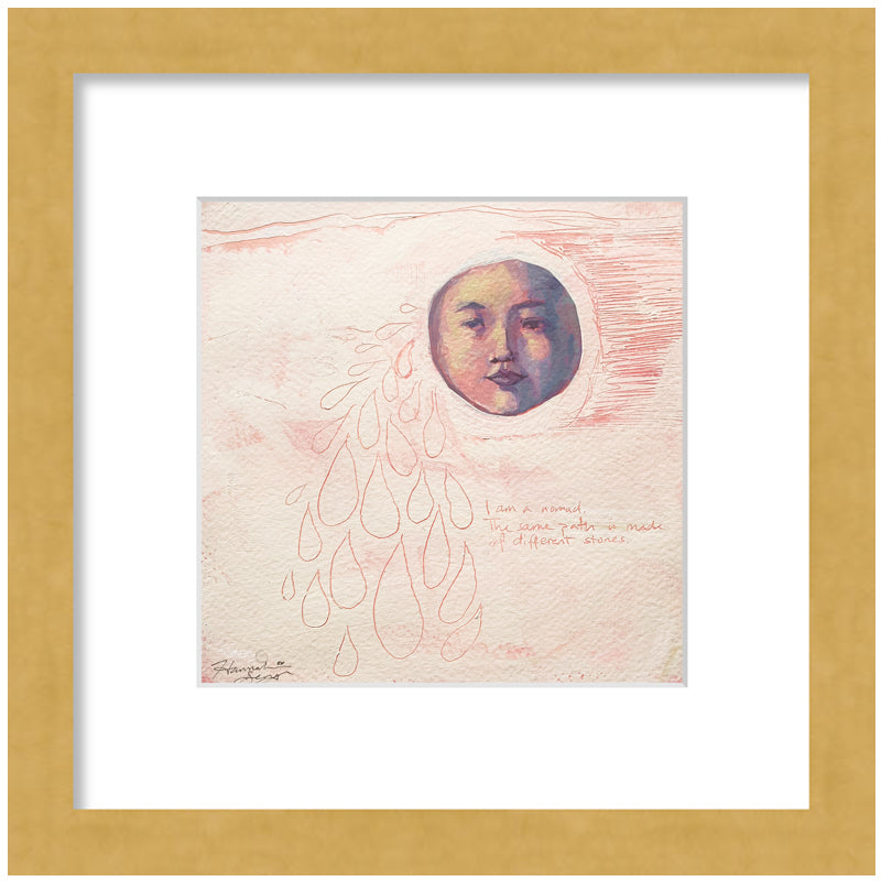 "Nomad" painting by Hannah Seng, acrylic on paper, matted with a gold frame.