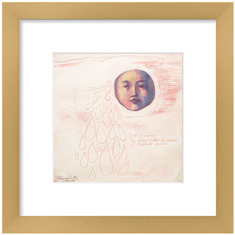 "Nomad" painting by Hannah Seng, acrylic on paper, matted with a gold frame. Portrait painting in pink. 