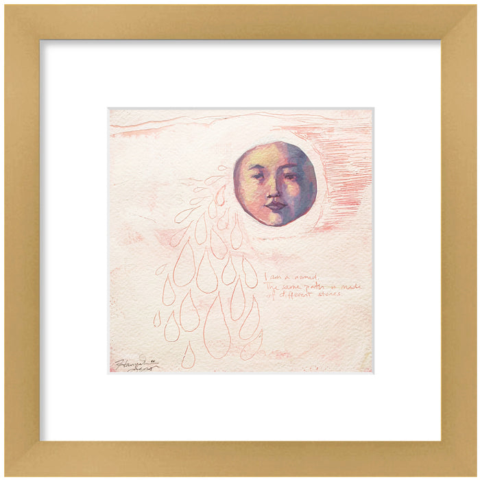 "Nomad" painting by Hannah Seng, acrylic on paper, matted with a gold frame. Portrait painting in pink. 