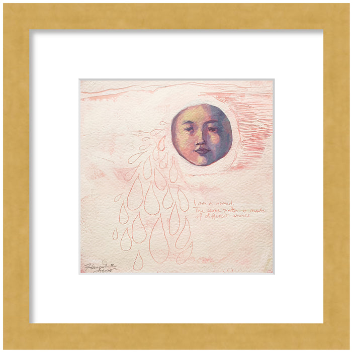 "Nomad" painting by Hannah Seng, acrylic on paper, matted with a gold frame.