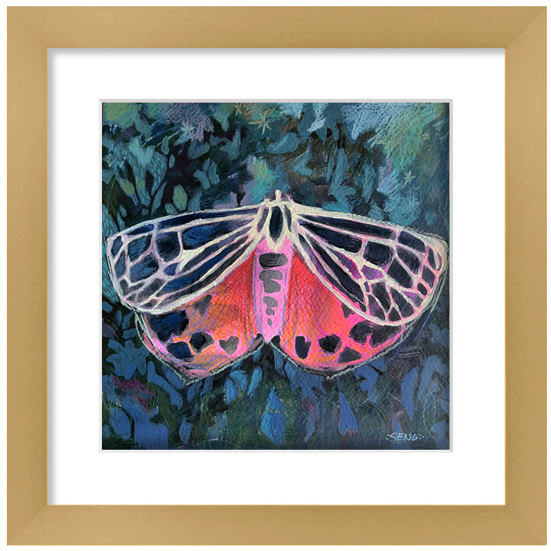 Acrylic on paper painting by Hannah Seng. Pink tiger moth with dark multicolor background. Matted and set in a satin gold frame. 